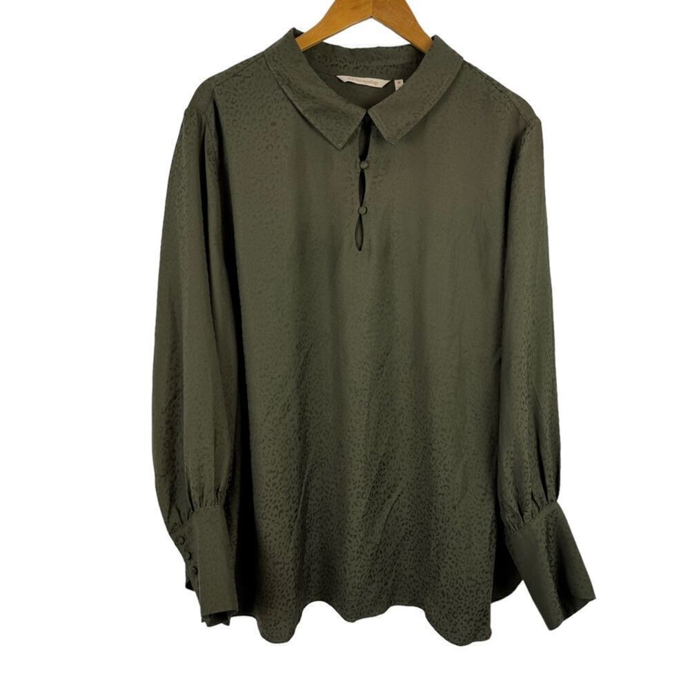 Soft Surroundings Green Jacquard Leopard Print Collared Long Sleeve Shirt Top 3X